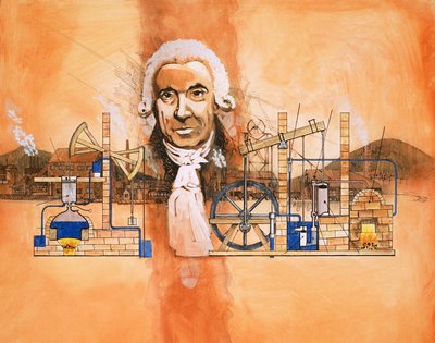 James Watt, uuneja ja mekaanisia pumppuja taustalla tekijältä English School