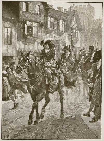 James saapumassa Dubliniin Boynen taistelun jälkeen, kuvitus Cassells Illustrated History of Englandista (seepiakuva) tekijältä English School