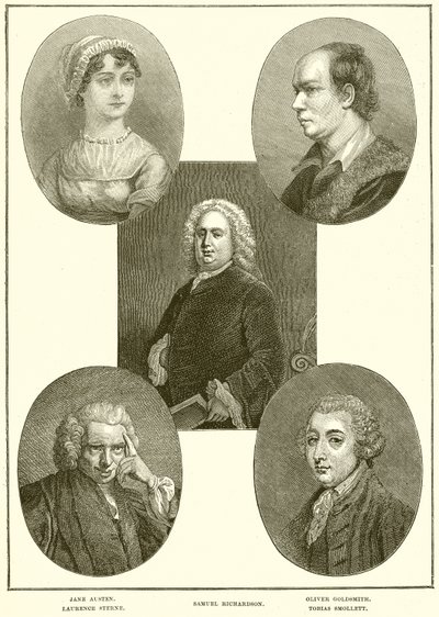 Jane Austen, Laurence Stern, Samuel Richardson, Oliver Goldsmith, Tobias Smollett tekijältä English School