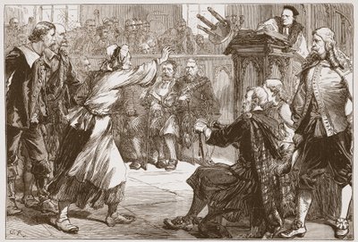 Janet Geddes heittelemässä jakkaraansa Edinburghin dekaanissa, kuvitus James Aitken Wylien (1808-1890) teoksesta The History of Protestantism, pub. 1878 tekijältä English School