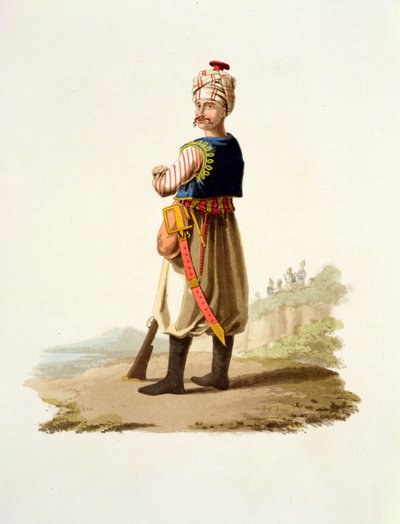 Janissary, julkaisusta Costumes of the Various Nations, Volume VII, The Military Costume of Turkey, kirjoittanut Thomas MacLean, julkaistu n. 1800-1818 (käsinvärinen akvatinta) tekijältä English School