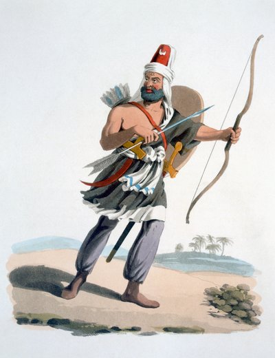 Arabian Janissary, teoksesta The Military Costume of Turkey, 1830 (käsinvärinen etsaus & akvatinta) tekijältä English School