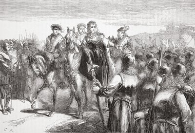 Jeanne DAlbret, Navarran kuningatar, puhuttelee hugenottisotilaita, kuvitus James Aitken Wylien (1808-1890) teoksesta The History of Protestantism, pub. 1878 tekijältä English School