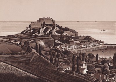 Jersey, Chanel-saaret: Mount Orgueilin linna ja Goreyn satama (litografia). tekijältä English School