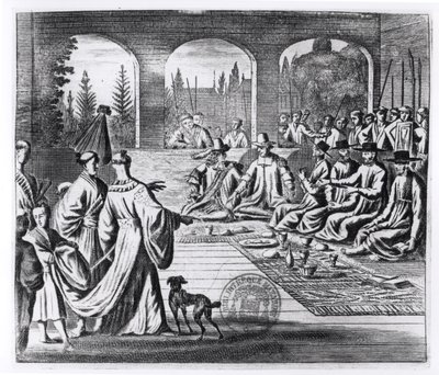 Jesuiitat hollantilaisten ja portugalilaisten kauppiaiden kanssa Japanin keisarin hovissa, kuvitus Arnold Montanuksen ikimuistoisesta suurlähetystöstä Japanin keisarille, julkaistu Lontoossa 1670 tekijältä English School
