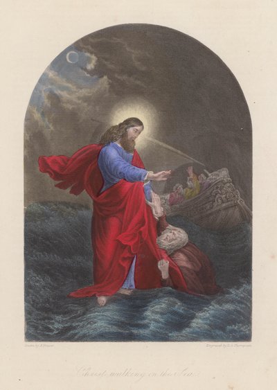 Jeesus Kristus kävelee Galilean merellä (värillinen kaiverrus). tekijältä English School