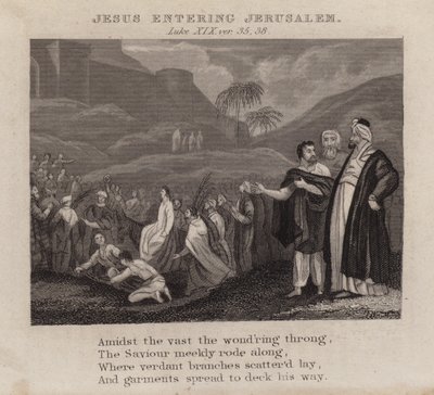 Jeesus astuu Jerusalemiin, Luukas XIX, ver 35, 38 (kaiverrus) tekijältä English School