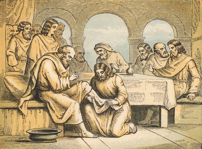 Jeesus pesee opetuslastensa jalkoja (värillinen kaiverrus) tekijältä English School