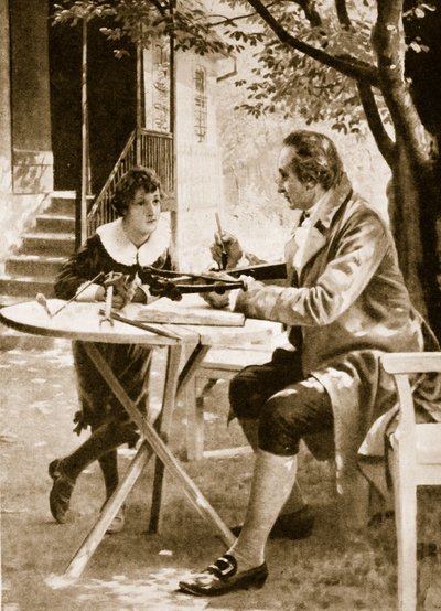Johann Wolfgang von Goethe opastamassa poikaansa Augustia ampumaan varsijousella tekijältä English School