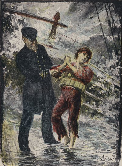 John Alexander Strachan, höyrylaivan Cyprianin kapteeni, luovuttamassa pelastusliivinsä nuorelle salamatkustajalle ennen kuin laiva haaksirikkoutui myrskyssä Walesin rannikolla vuonna 1881 (väri litho) tekijältä English School