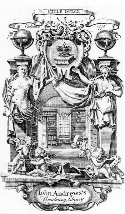 Joseph Shepperdin John Andrewss Circulating Library -kirjakilpi, julkaistu Kalkutassa, 1774 tekijältä English School