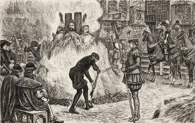 John Bland, John Frankesh, Nicholas Sheterden ja Humphrey Middleton poltettiin elävältä harhaoppisuuden vuoksi 1500-luvulla, noin 1865 (puukaiverrus). tekijältä English School