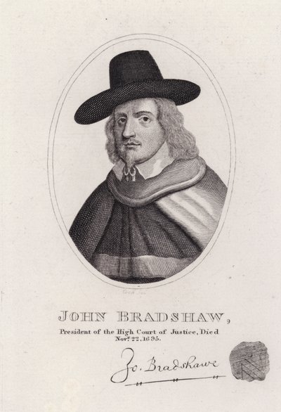 John Bradshaw, englantilainen tuomari, joka oli High Court of Justice -tuomioistuimen presidentti kuningas Charles I:n oikeudenkäynnissä vuonna 1649 (kaiverrus) tekijältä English School