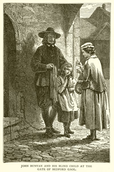 John Bunyan ja hänen sokea lapsensa Bedfordin vankilan portilla tekijältä English School