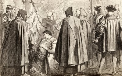 John Frith poltetaan roviolla harhaopin takia vuonna 1533, n. 1865 (puukaiverrus) tekijältä English School