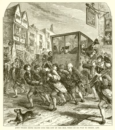 Väkijoukot vetivät John Wilkesin kaupunkiin hänen matkallaan vankilaan, 1768 tekijältä English School