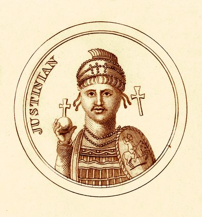Justinianus, kuvitus George Crabbin yleisestä historiallisesta sanakirjasta, julkaistu 1825 (digitaalisesti paranneltu kuva) tekijältä English School