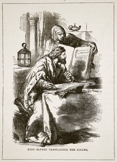 Kuningas Alfred kääntämässä psalmeja tekijältä English School