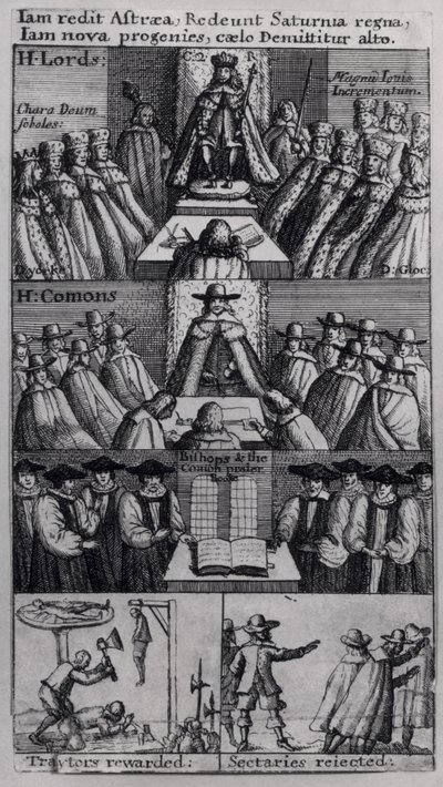 Kuningas Kaarle II (1630-85) parlamenttitalon kanssa, 1660 tekijältä English School