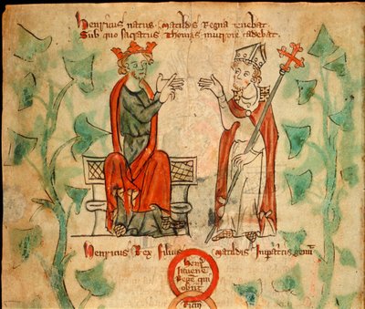 Kuningas Henrik II istuu valtaistuimella väittelemässä Thomas Becketin kanssa, kuva Englannin kronikasta, n. 1307-27 (vellum) tekijältä English School