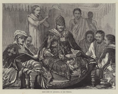 Abessinian kuningas Johannes valtaistuimellaan (kaiverrus) tekijältä English School