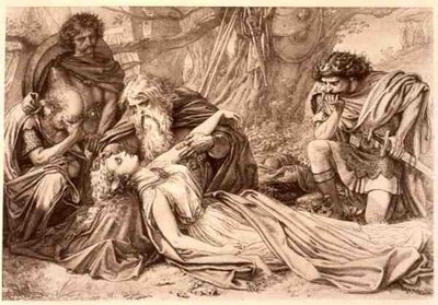 Kuningas Lear, näytös 5, kohtaus 3, kirjoittanut William Shakespeare (1564-1616) (kaiverrus) tekijältä English School