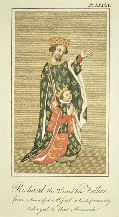 Kuningas Richard II (1367-1400) isänsä Edwardin (1330-76) Mustan prinssin kanssa, kuvitus Englannin kansan pukeutumisesta ja tavoista täydelliset näkemykset, osa II, julkaistu 1799 (värillinen) tekijältä English School