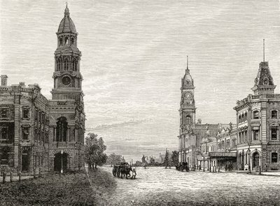 King William Street, Adelaide, n. 1880, Howard Willoughbyn "Australian Pictures" -julkaisusta, julkaisija Religious Tract Society, Lontoo, 1886 tekijältä English School