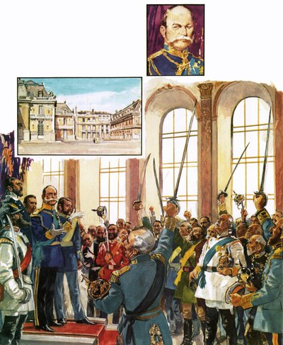 Preussin kuningas Vilhelm ilmoitti yhdistyneen Saksan imperiumin perustamisesta Versaillesin palatsiin tekijältä English School