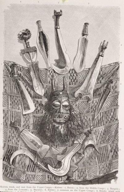 Veitset, naamio ja matto Ylä-Kongosta, Prof. Friedrich Ratzelin osasta "The History of Mankind", osa III, 1898 tekijältä English School