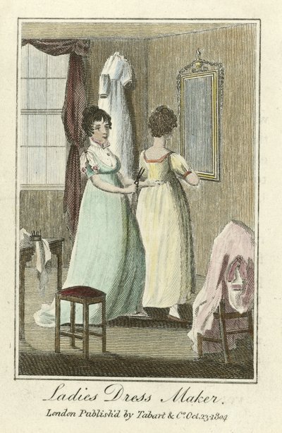Naisten mekkovalmistaja, pubi. 1804 (käsinvärinen kaiverrus) tekijältä English School