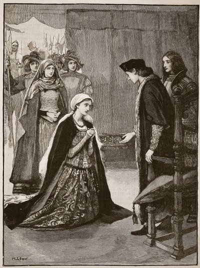 Lady Catherine Gordon ennen Henry VII:tä, kuvitus Cassells Illustrated History of Englandista (seepiakuva) tekijältä English School
