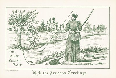 Nainen kalastaa herrasmiehen katselemana, joulukortti (kromoliittikuva) tekijältä English School