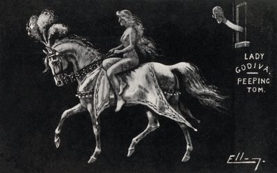 Lady Godiva ratsastaa alasti hevosen selässä Coventryn kaduilla piikivän Tomin (litho) katsomassa tekijältä English School