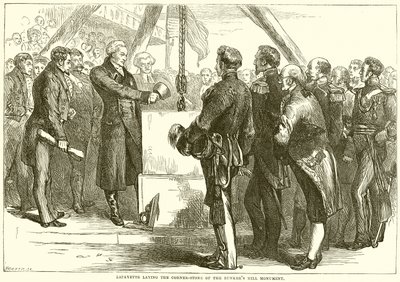 Lafayette laskemassa Bunkers Hill -monumentin kulmakiveä tekijältä English School