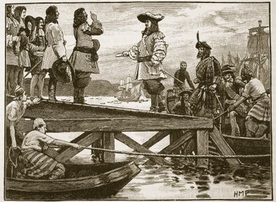 Marshall Schombergin maihinnousu Carrickfergusissa, kuvitus Cassells Illustrated History of Englandista (seepiakuva) tekijältä English School