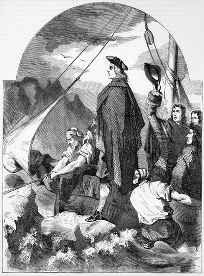 Chevalier de St. Georgen laskeutuminen Skotlannissa, kuvitus "John Cassellin kuvitetusta Englannin historiasta", julkaistu n. 1858 tekijältä English School