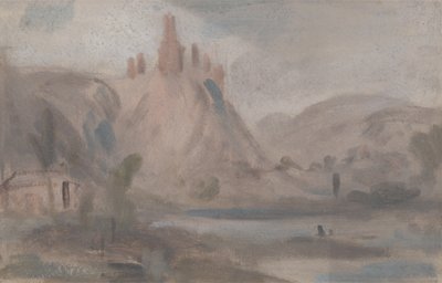 Maisema ja linna kukkulalla, aiemmin J.M.W. Turner (1775-1851) ja myös Peter de Wint (1784-1849) (öljy paperille) tekijältä English School