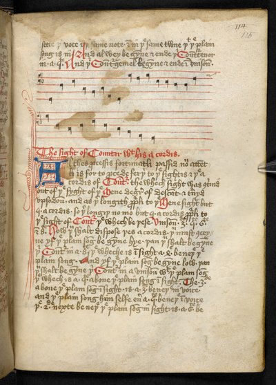 Lansdowne 763, f.115r, 1400-luvulla melko vellum-paperille kirjoitettu osa, joka sisältää ikivanhoja ja erittäin mielenkiintoisia eri kirjoittajien musiikillisia tutkielmia. tekijältä English School