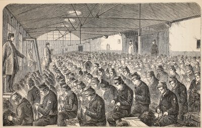 Suuri Oakum-huone (Silent Systemin alla) Middlesex House of Correctionissa, Coldbath Fields, kuvitus Lontoon rikosvankiloista ja kohtauksia vankilaelämästä Henry Mayhew ja John tekijältä English School
