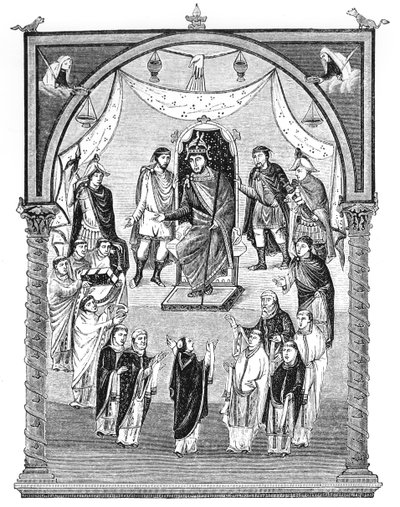 Lat 1 f.423r Kaarle Kalju, Ranskan kuningas (823-77) valtaistuimella, Abbot Vivianin tilaus St. Martinin luostarista Toursissa, Charles Kaljun ensimmäisestä Raamatusta, 843-51, kuva tekijältä English School