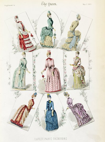 Viimeisimmät Pariisin muotit, yhdeksän päivän mekot muotilevyssä The Queenin liitteestä, toukokuu 1885 tekijältä English School