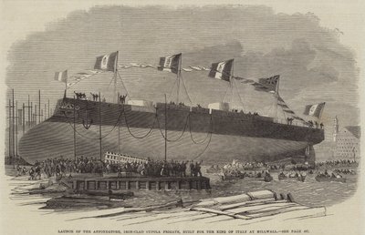 Italian kuninkaalle rakennetun rautaverhoisen kupolifregatin Affondatore laukaisu Millwallissa, 1865 tekijältä English School