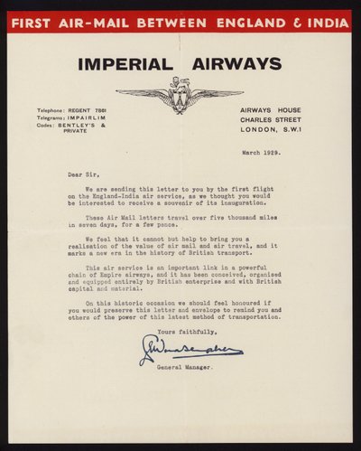 Imperial Airways aloitti ensimmäisen lentopostipalvelun Englannin ja Intian välillä maaliskuussa 1929 (litho) tekijältä English School