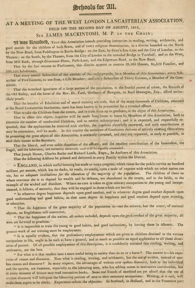 Esite, jossa selitetään Länsi-Lontoon Lancasterian Associationin päätös aloittaa lasten opetus, elokuu 1813 tekijältä English School