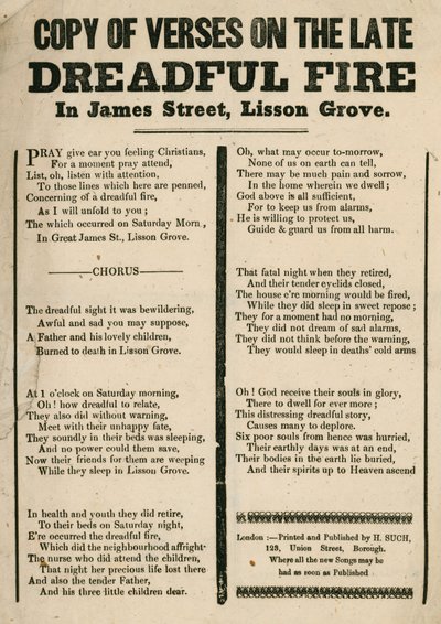 Esite, jossa on säkeet tulipalosta James Streetillä, Lisson Grovessa, Lontoossa tekijältä English School