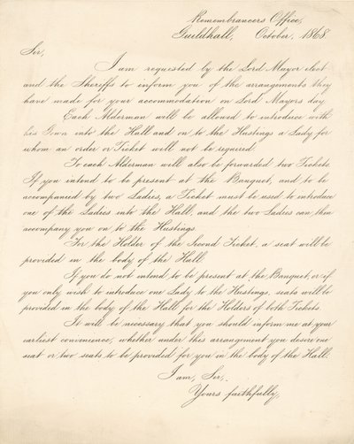 Kirje, jossa kerrotaan järjestelyistä Lontoon Guildhallissa 9. marraskuuta 1868 järjestettävän juhlaan tekijältä English School