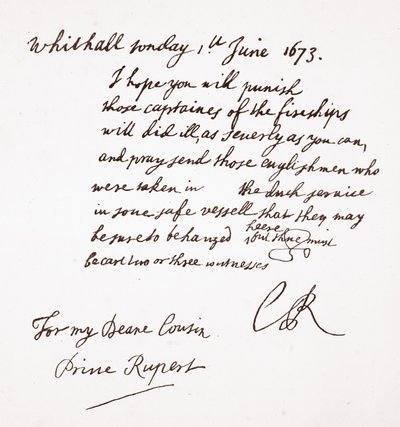 Charles II:n kirje prinssi Rupertille, 1. kesäkuuta 1673 tekijältä English School