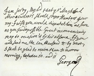 George II:n kirje Newcastlen herttualle, 1759, julkaistu Leisure Hourissa, 1891 tekijältä English School
