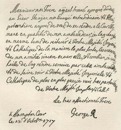 George I:n kirje Kaarle VI:lle, 1717, julkaistu Leisure Hourissa, 1891 tekijältä English School